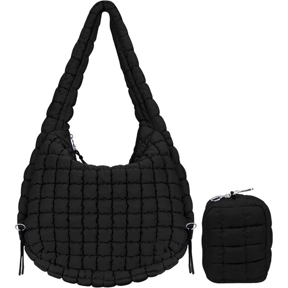 Large Black Nylon Quilted Oversized Tote Bag with Pouch and Multiple Pockets - Picture 1 of 6